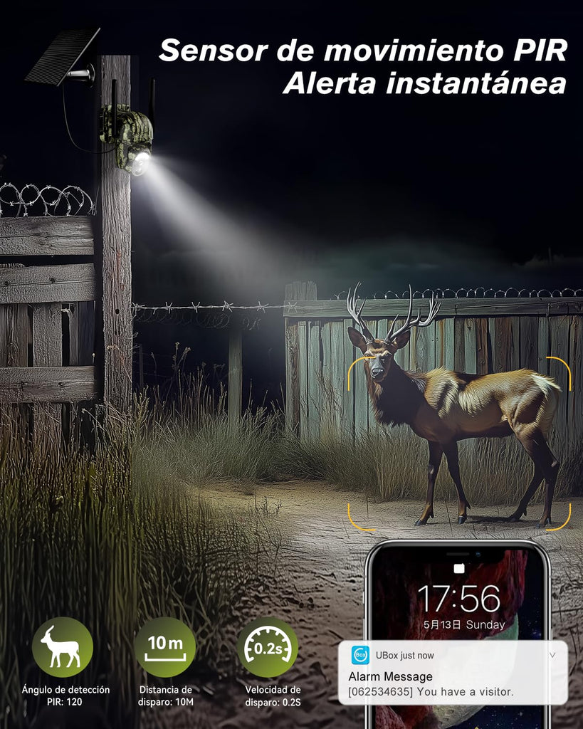 Xega 4G LTE Cámara de Caza Solar con Tarjeta SIM Fototrampeo Exterior | 2K PTZ Camara PIR Detección, Visión Nocturna en Color, Audio de 2 vías, IP65, 0.2s Activación, para en Lugares sin WiFi