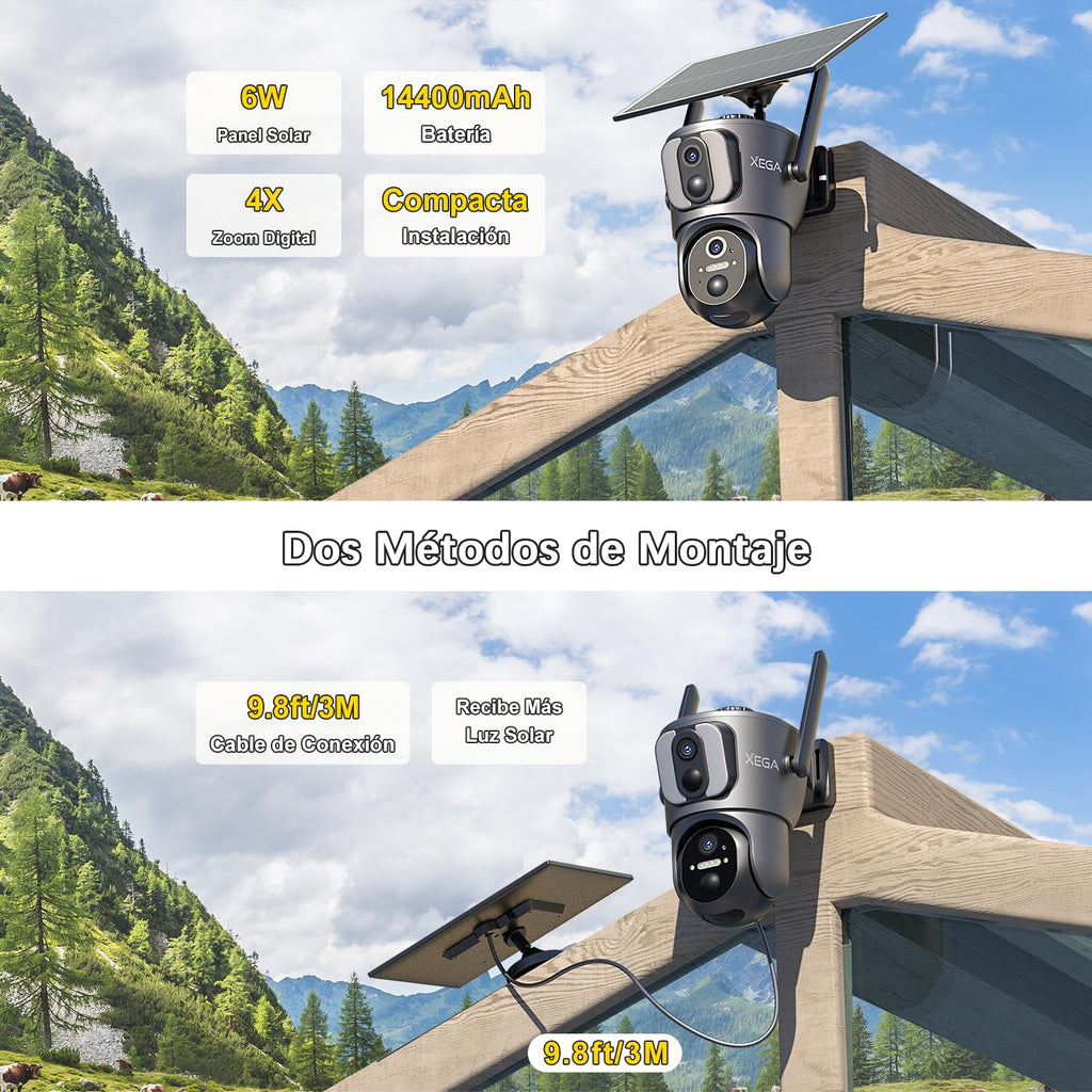 Xega 4G Camara Solar Exterior con Sim【Doble Lente】 14400mAh LTE Cámara Vigilancia Inalámbrica con Batería 2K HD IP PTZ 355°/100°, Detección Humana, Visión Nocturna, Alarma de Luz y Sonido,(Sin WiFi)