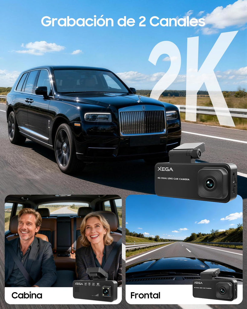 XEGA 2K 4G Dash CAM Coche con Tarjeta SIM, Camara Coche Grabadora sin WiFi, Visión en Vivo Remota, Detección Movimiento/Colisión, Monitor de Aparcamiento, Audio Bidireccional, Nocturna, GPS, OBD