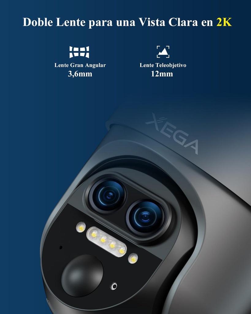 Xega Cámara Solar 4G LTE PTZ 【Doble Lente】 2K 12X Zoom Exterior | Batería 10400mAh, Visión Nocturna, Detección PIR Humana, IP66, Almacenamiento TF y Cloud, sin WiFi necesario