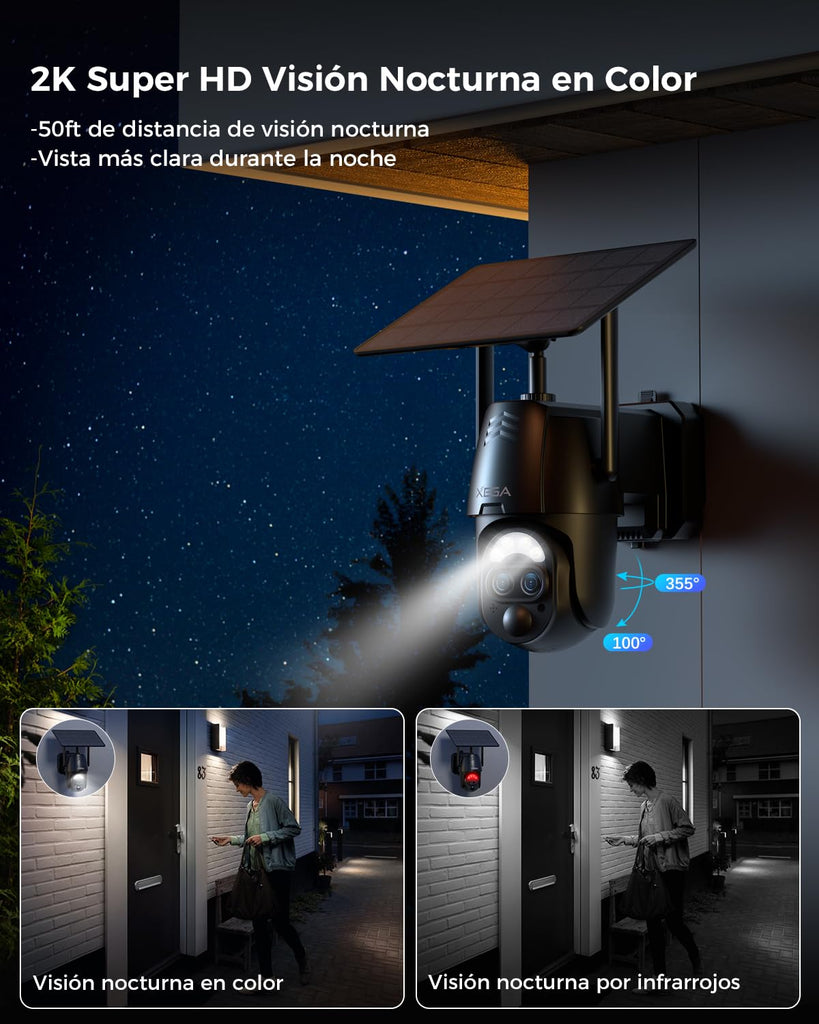 Xega Cámara Vigilancia WiFi Exterior Doble Lentes, 2K Cámara Exterior Solar con【Zoom Híbrido 12X】 AI Detección Humana, Visión Nocturna Color, Audio Bidireccional, 2,4GHz WiFi, 0,2s Alarma, IP66