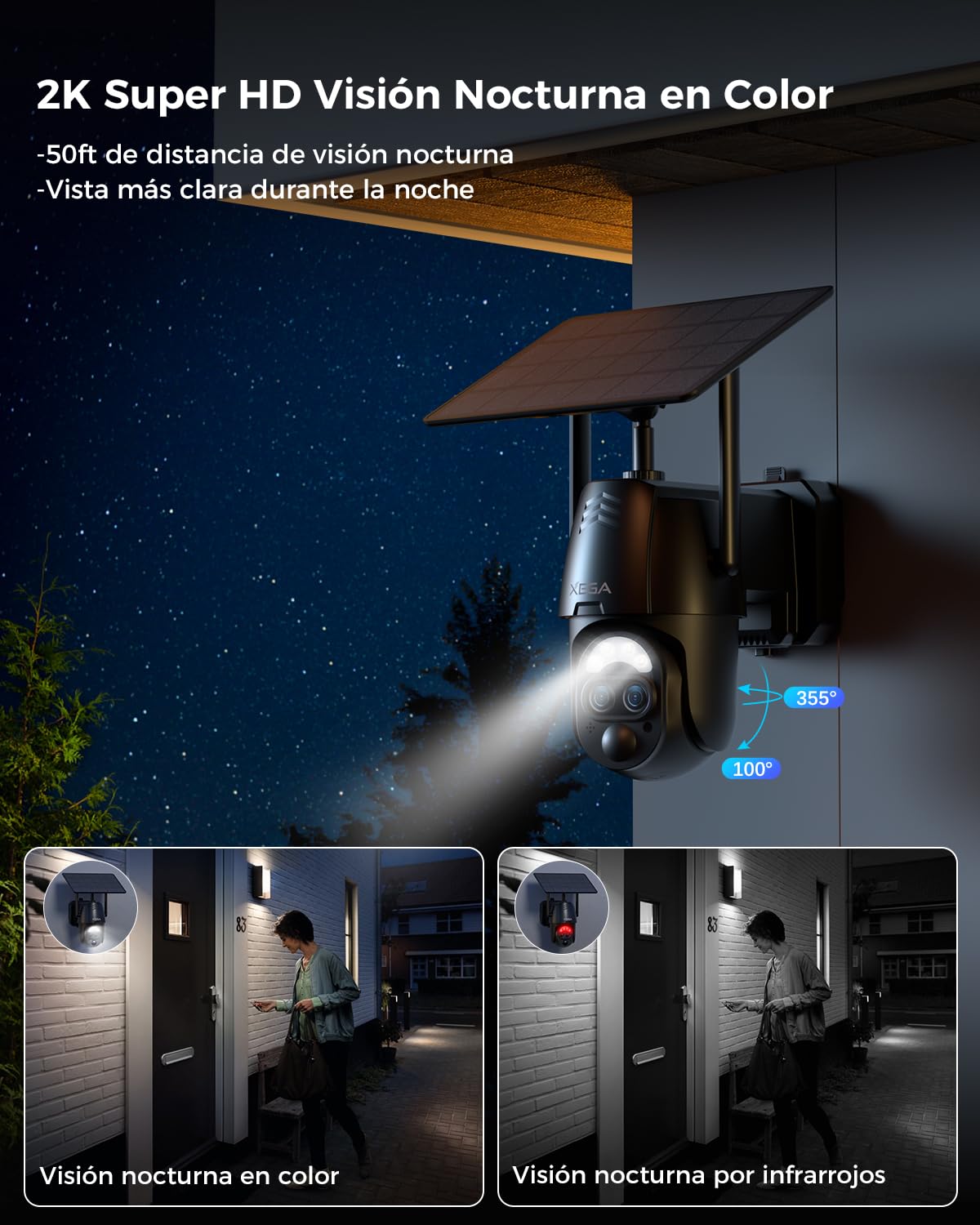 Xega Cámara Vigilancia WiFi Exterior Doble Lentes, 2K Cámara Exterior Solar con【Zoom Híbrido 12X】 AI Detección Humana, Visión Nocturna Color, Audio Bidireccional, 2,4GHz WiFi, 0,2s Alarma, IP66