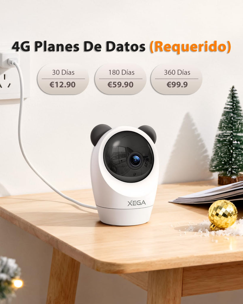 Xega 4G Cámara Vigilancia Interior con Tarjeta SIM,24/7 Grabación Continua Camara sin Wi-Fi,355°P 60° T, 2K Visión Nocturna,Detección PIR,Audio Bidireccional,TF & Cloud,Personas/Mascotas/Ancianos