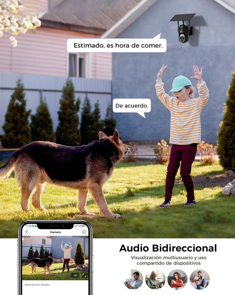 Xega Cámara Vigilancia WiFi Exterior Doble Lentes, 2K Cámara Exterior Solar con【Zoom Híbrido 12X】 AI Detección Humana, Visión Nocturna Color, Audio Bidireccional, 2,4GHz WiFi, 0,2s Alarma, IP66