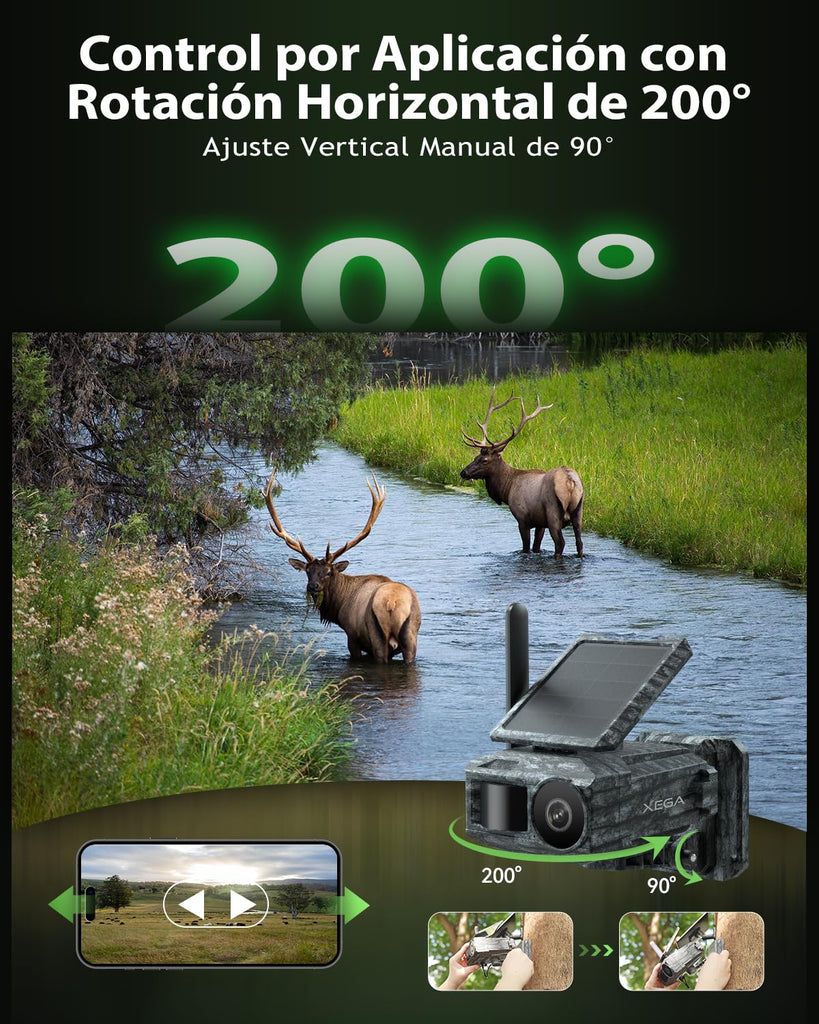 Xega Cámara Solar 4G con Tarjeta SIM 2 Paneles Solares, Fototrampeo Caza Exterior Inalámbrica, Detección de Movimiento, Visión Nocturna Sin Luz, Rotación 220°, Alertas En App (WiFi No Compatible)