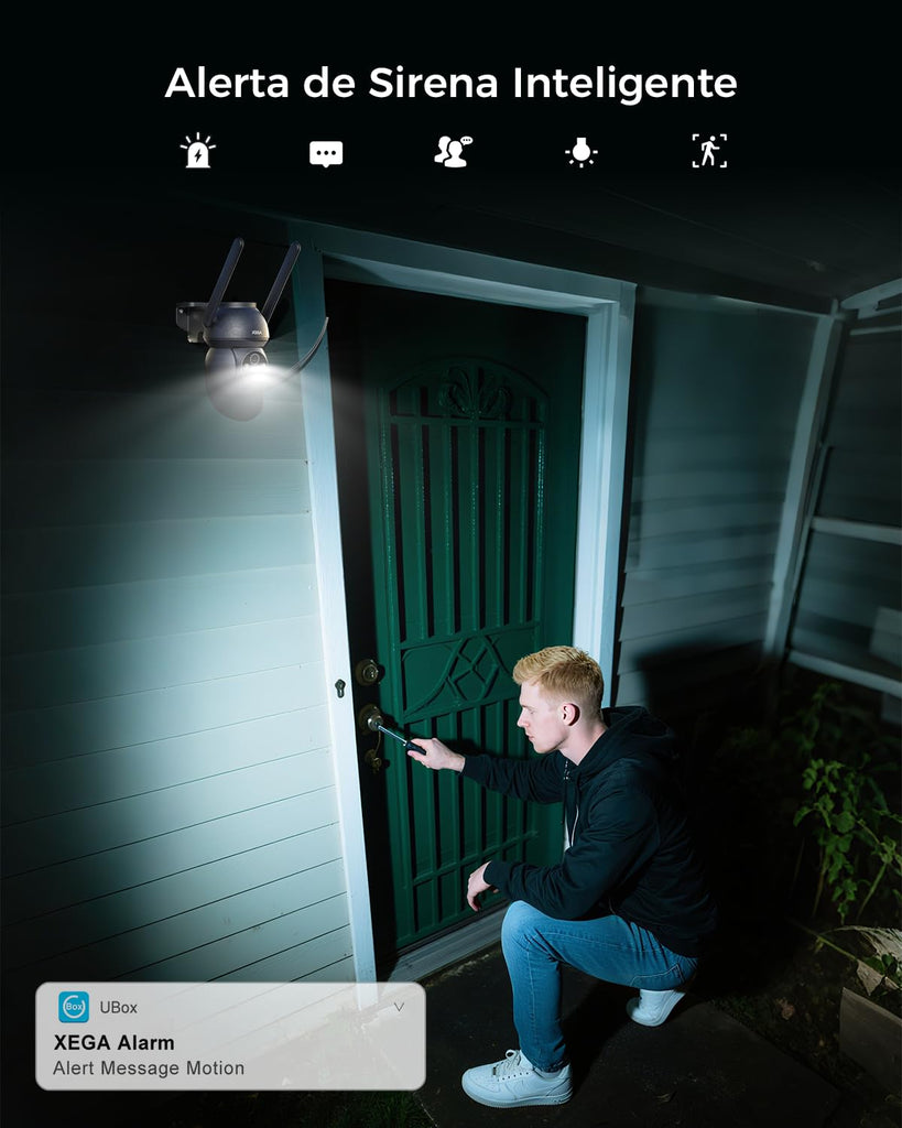 Xega 4G LTE Camara Vigilancia Exterior con Tarjeta SIM, 24/7 Grabación, PTZ Seguimiento Automático, Detección Humana, Foco y Sirena Visión Nocturna en Color 2K HD Almacenamiento TF/Cloud IP66