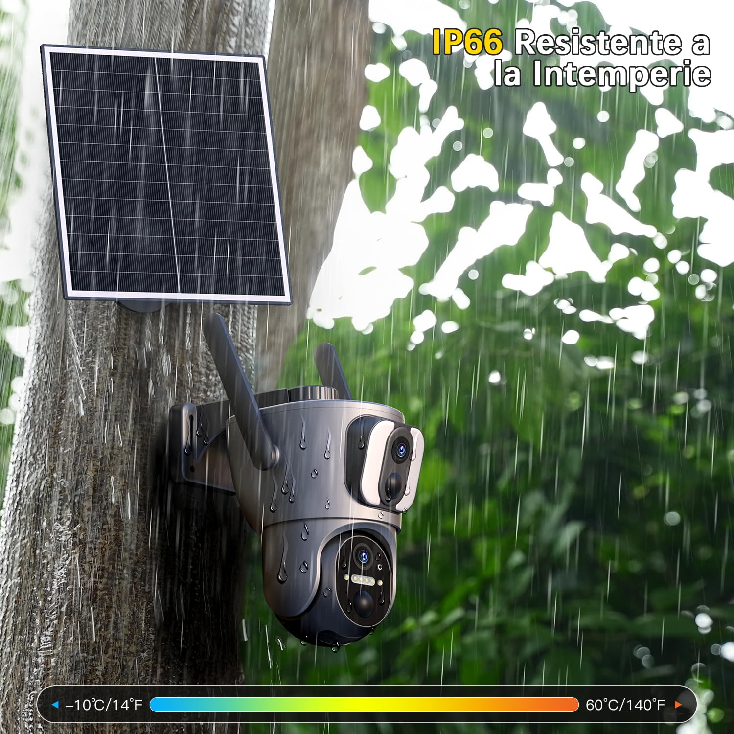 Xega 4G Camara Solar Exterior con Sim【Doble Lente】 14400mAh LTE Cámara Vigilancia Inalámbrica con Batería 2K HD IP PTZ 355°/100°, Detección Humana, Visión Nocturna, Alarma de Luz y Sonido,(Sin WiFi)