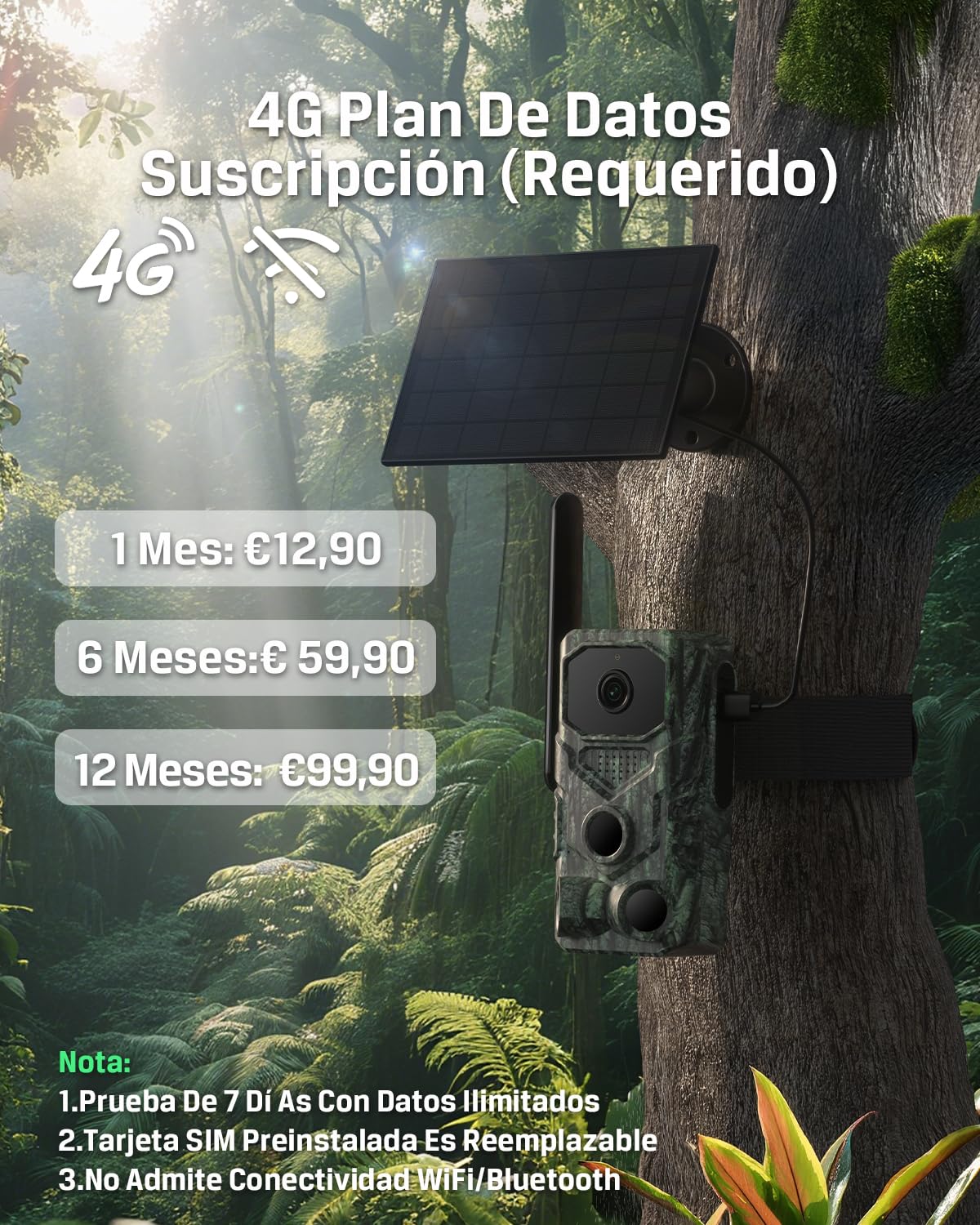 Xega 4G【Detección PIR 3】 Cámara de Caza con Tarjeta SIM y App,2K HD Solar Camara Fototrampeo sin WiFi,Nocturna Invisible 940nm,0,1s Activación,Batería de 7800 mAh,Audio Bidireccional,TF/Nube,GPS IP66