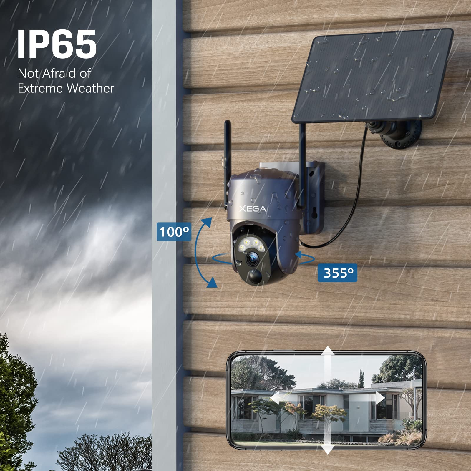 Xega Cámara de Seguridad Wi-Fi Solar Inalámbrica para Exteriores | 2K Cámara de Vigilancia para la Seguridad del Hogar, Visión Nocturna, Detección de Personas PIR/IA, Audio Bidireccional