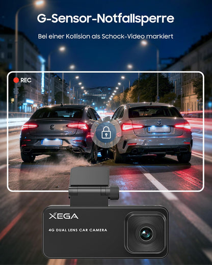XEGA 2K 4G LTE Dashcam Auto Vorne Hinten mit SIM Karte, Dashcam mit Parküberwachung, App-Zugriff, 2-Wege Talk, Bewegungserkennung, Nachtsicht, GPS, Privater Modus.
