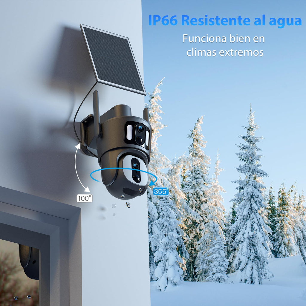 Xega 4G LTE Cámara de Seguridad Inalámbrica para Exteriores con Doble Lente Cámara de Seguridad Solar 1080P HD Vista de 360° Pantalla Dual Visión Nocturna en Color Audio Bidireccional IP66 TF/Cloud