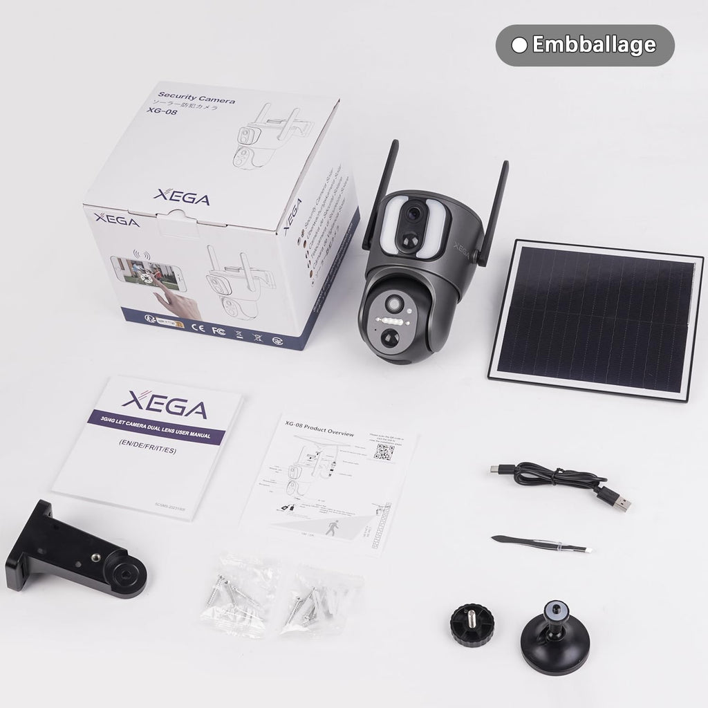 Xega 4G Camara Solar Exterior con Sim【Doble Lente】 14400mAh LTE Cámara Vigilancia Inalámbrica con Batería 2K HD IP PTZ 355°/100°, Detección Humana, Visión Nocturna, Alarma de Luz y Sonido,(Sin WiFi)