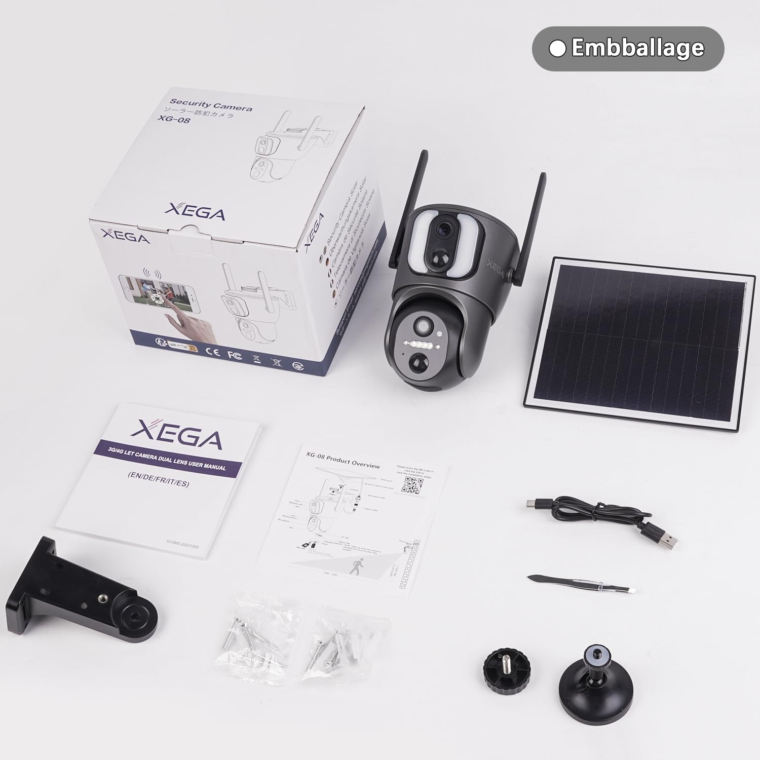 Xega 4G Camara Solar Exterior con Sim【Doble Lente】 14400mAh LTE Cámara Vigilancia Inalámbrica con Batería 2K HD IP PTZ 355°/100°, Detección Humana, Visión Nocturna, Alarma de Luz y Sonido,(Sin WiFi)