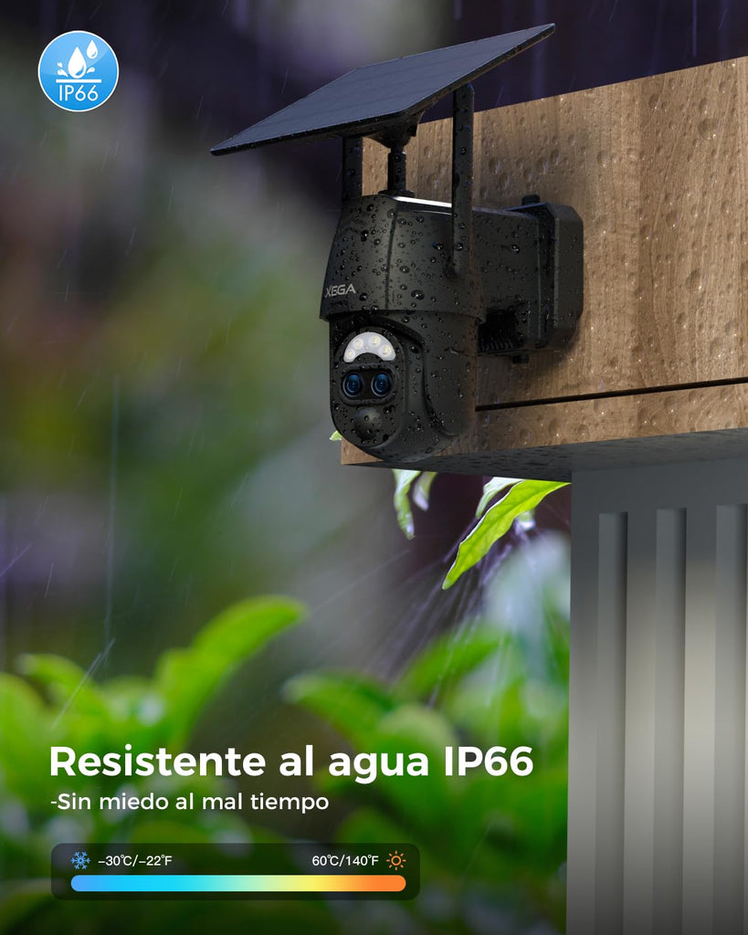 Xega Cámara Vigilancia WiFi Exterior Doble Lentes, 2K Cámara Exterior Solar con【Zoom Híbrido 12X】 AI Detección Humana, Visión Nocturna Color, Audio Bidireccional, 2,4GHz WiFi, 0,2s Alarma, IP66