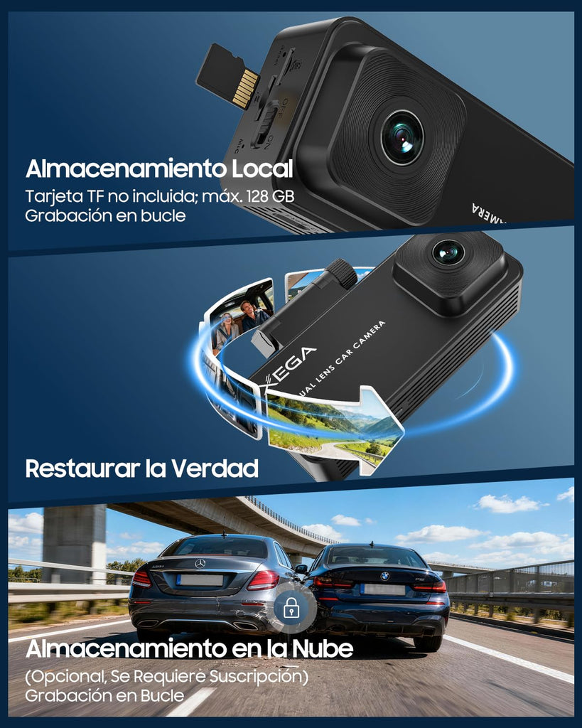 XEGA 2K 4G Dash CAM Coche con Tarjeta SIM, Camara Coche Grabadora sin WiFi, Visión en Vivo Remota, Detección Movimiento/Colisión, Monitor de Aparcamiento, Audio Bidireccional, Nocturna, GPS, OBD