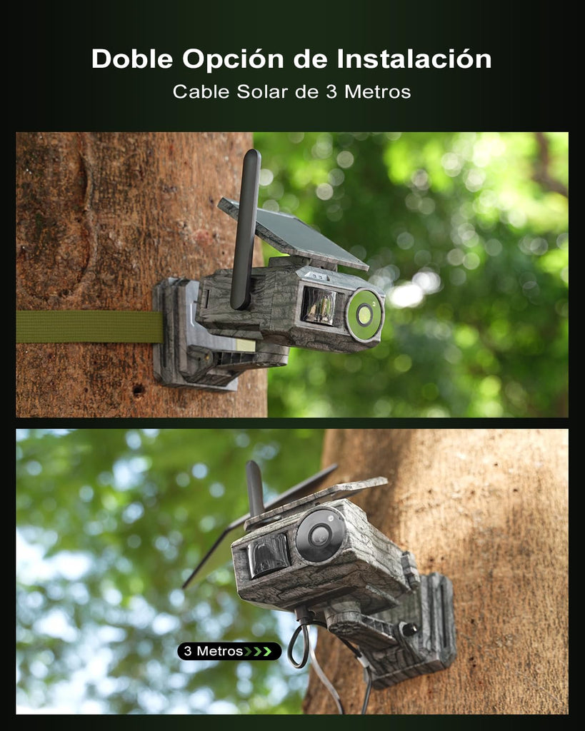Xega Cámara Solar 4G con Tarjeta SIM 2 Paneles Solares, Fototrampeo Caza Exterior Inalámbrica, Detección de Movimiento, Visión Nocturna Sin Luz, Rotación 220°, Alertas En App (WiFi No Compatible)