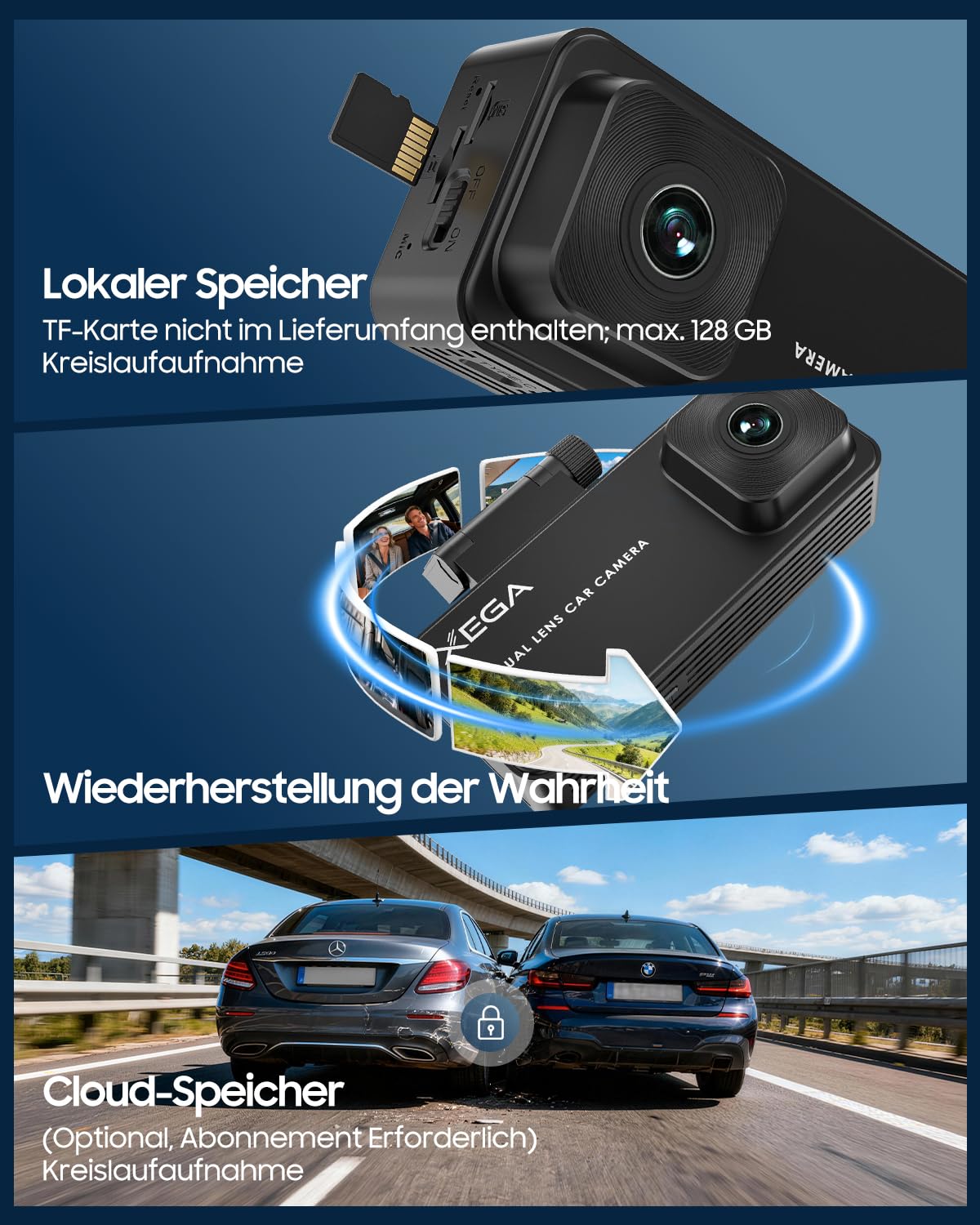 XEGA 2K 4G LTE Dashcam Auto Vorne Hinten mit SIM Karte, Dashcam mit Parküberwachung, App-Zugriff, 2-Wege Talk, Bewegungserkennung, Nachtsicht, GPS, Privater Modus.