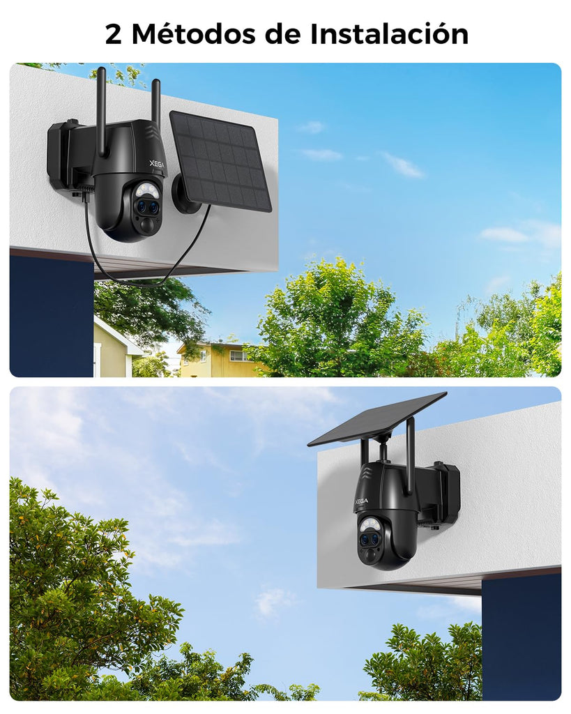 Xega Cámara Vigilancia WiFi Exterior Doble Lentes, 2K Cámara Exterior Solar con【Zoom Híbrido 12X】 AI Detección Humana, Visión Nocturna Color, Audio Bidireccional, 2,4GHz WiFi, 0,2s Alarma, IP66
