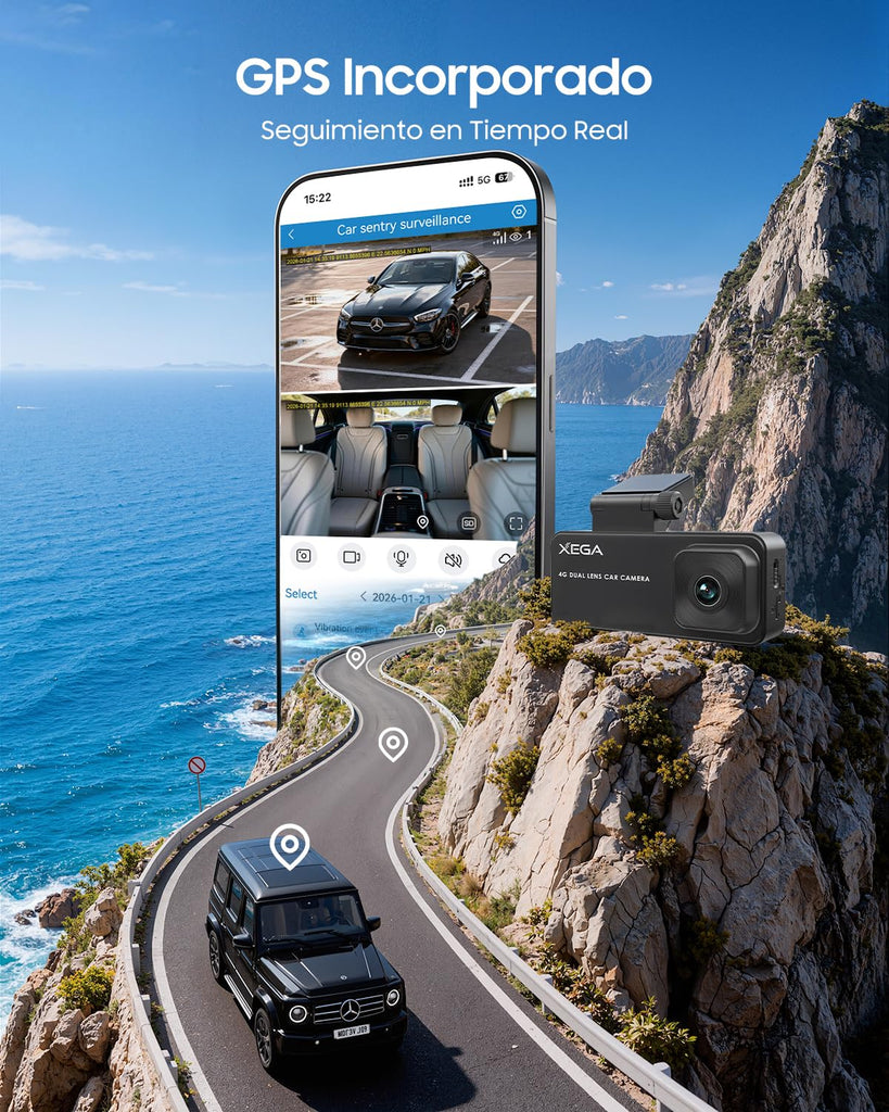 XEGA 2K 4G Dash CAM Coche con Tarjeta SIM, Camara Coche Grabadora sin WiFi, Visión en Vivo Remota, Detección Movimiento/Colisión, Monitor de Aparcamiento, Audio Bidireccional, Nocturna, GPS, OBD