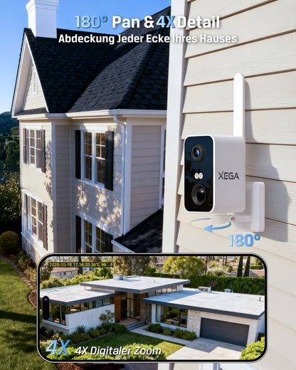 Xega 4G Überwachungskamera mit SIM Karte, akku 10000mAh,PIR Bewegungserkennung,3MP Farbe Nachtsicht,2-Wege Audio,Sirene Alarm,180°Schwenkbereich.