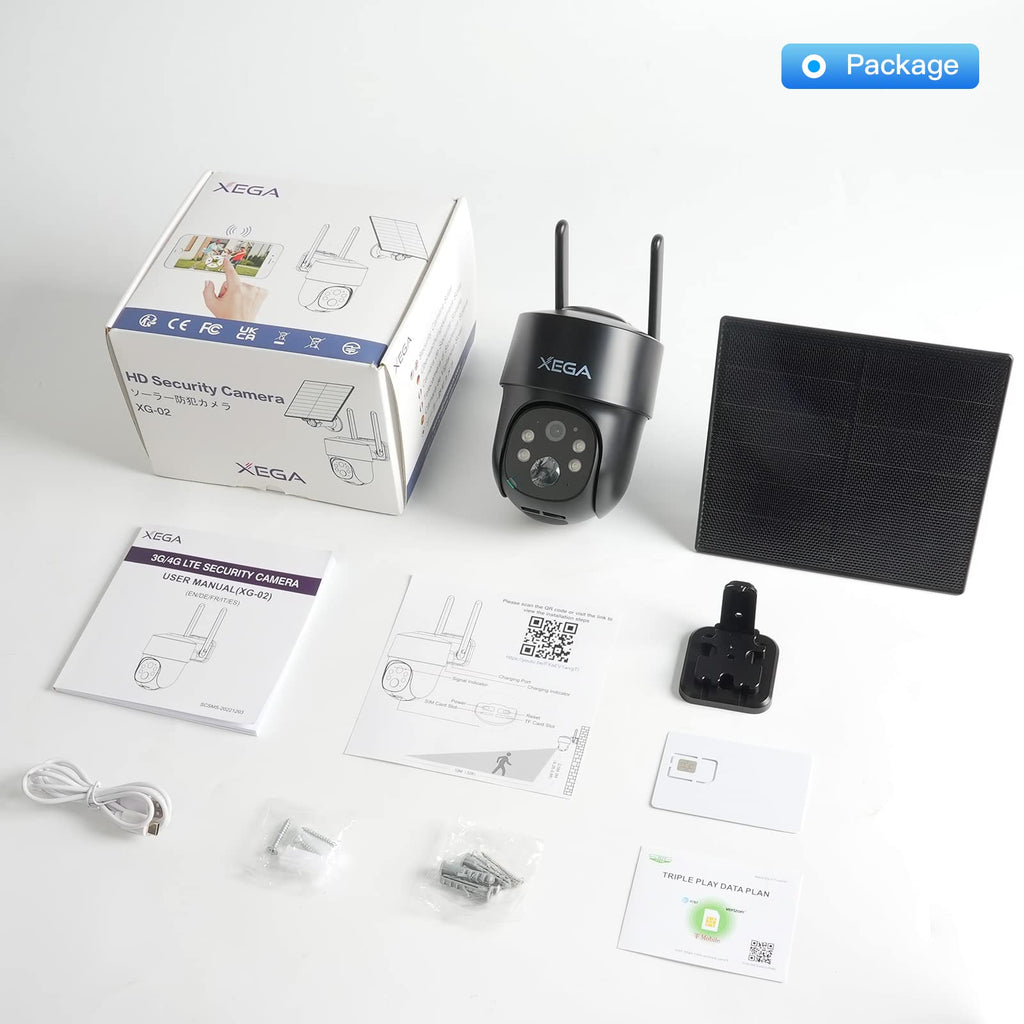Xega 4G LTE solar security camera package: camera, solar panel, manual, SIM card, mount, screws, cable.