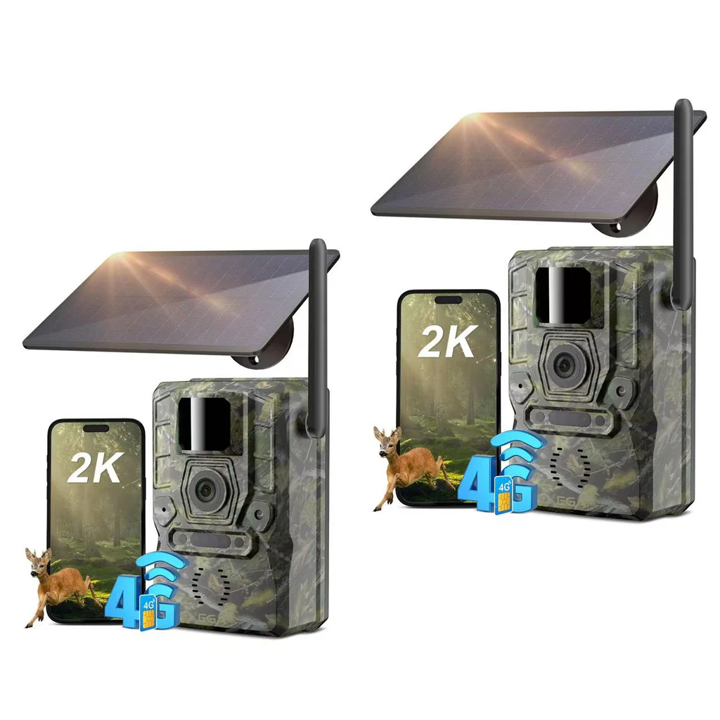 Xega 4G LTE solar trail camera with 2K HD video and remote app control, featuring camouflage design, solar panel, and deer.