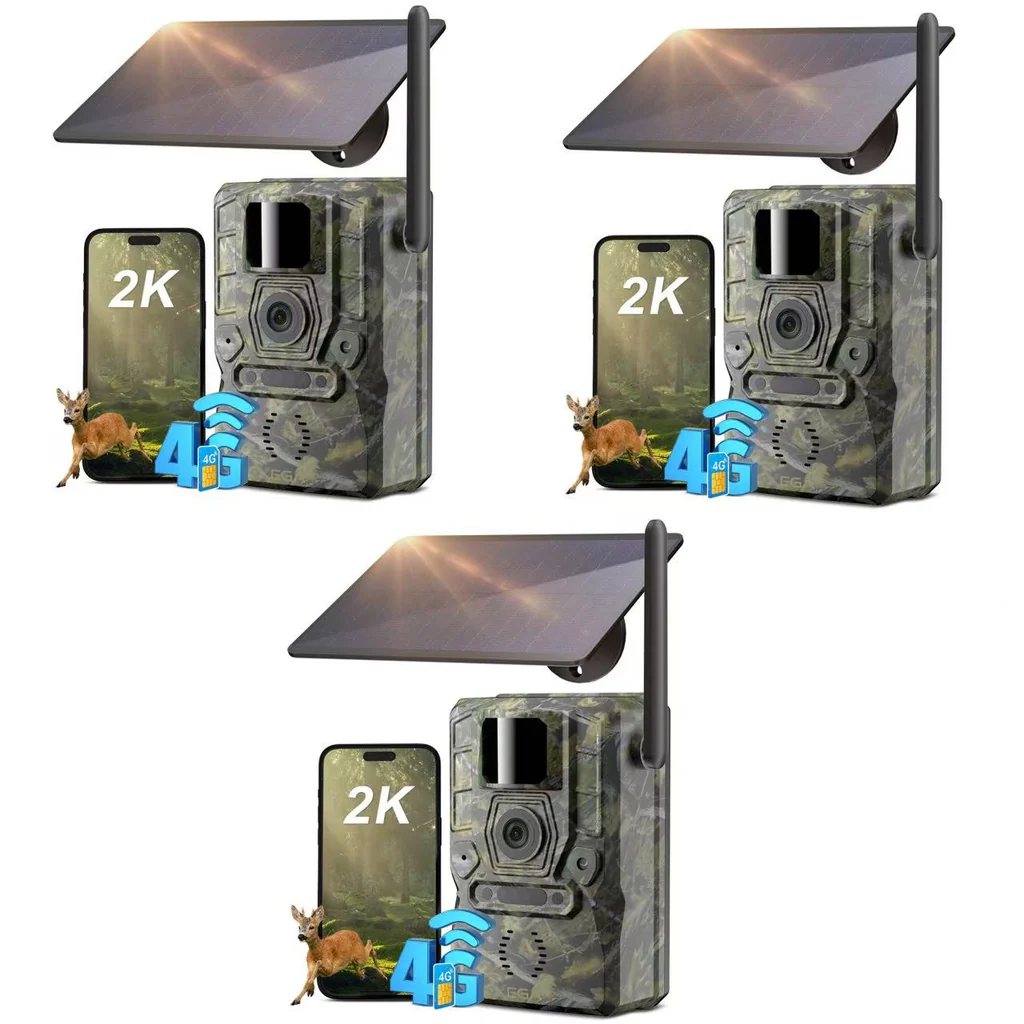 Xega 4G LTE solar trail camera with 2K HD display, 7800mAh battery, and no-glow night vision.