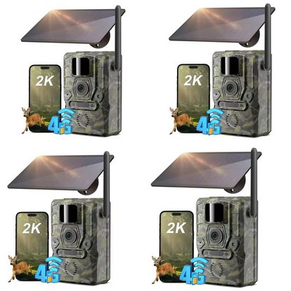 Xega 4G LTE solar trail camera, 2K HD, camo design, with solar panel, phone displaying 2K, deer, and 4G signal icon.