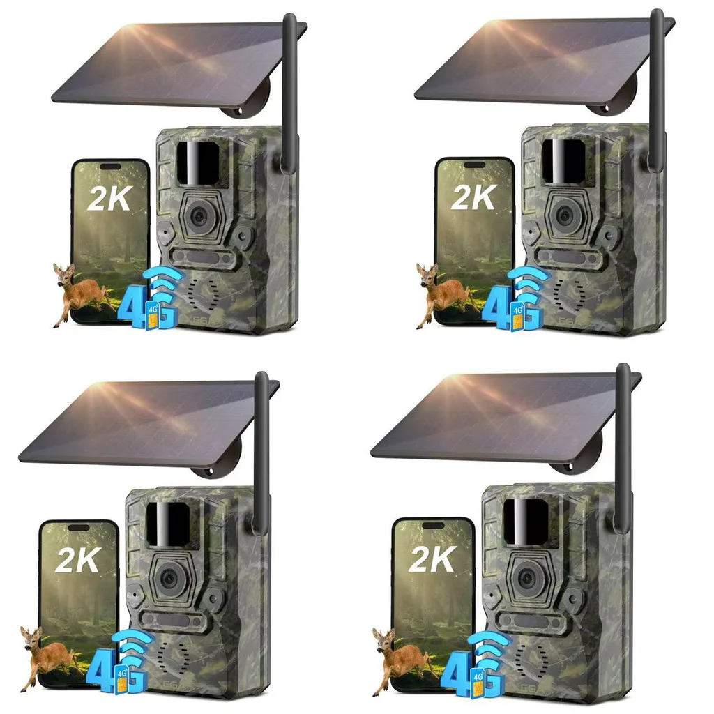Xega 4G LTE solar trail camera, 2K HD, camo design, with solar panel, phone displaying 2K, deer, and 4G signal icon.