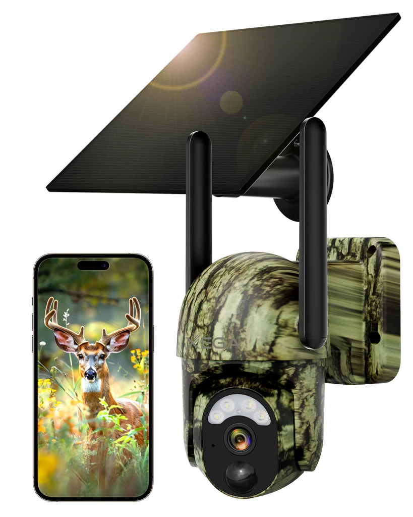 Xega 4G LTE solar wildlife camera with 360° view and 2K color night vision, shown next to a smartphone displaying a deer.