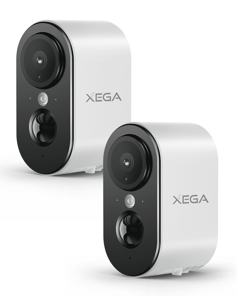 Two white Xega 4G LTE indoor security cameras with black faces and visible lenses, shown from the front on a white background.