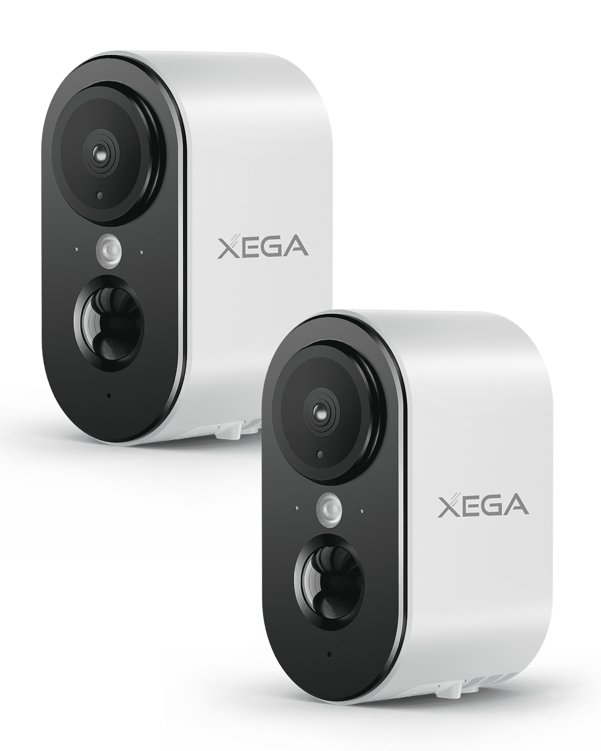 Two white Xega 4G LTE indoor security cameras with black faces and visible lenses, shown from the front on a white background.