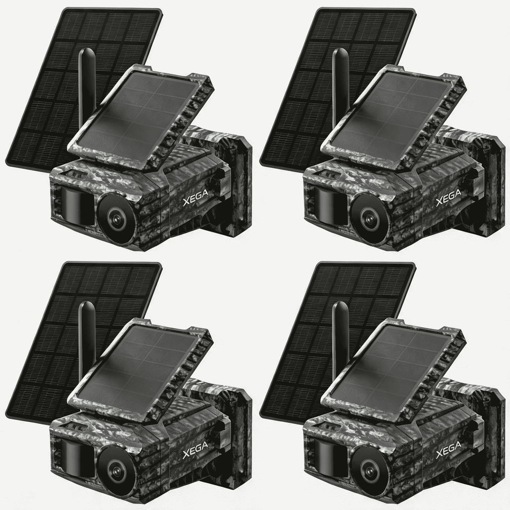Xega Cámara Solar 4G con Tarjeta SIM 2 Paneles Solares, Fototrampeo Caza Exterior Inalámbrica, Detección de Movimiento, Visión Nocturna Sin Luz, Rotación 220°, Alertas En App (WiFi No Compatible)