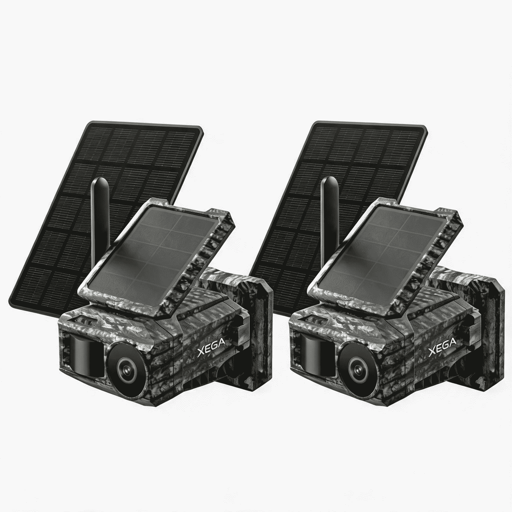 Xega Cámara Solar 4G con Tarjeta SIM 2 Paneles Solares, Fototrampeo Caza Exterior Inalámbrica, Detección de Movimiento, Visión Nocturna Sin Luz, Rotación 220°, Alertas En App (WiFi No Compatible)