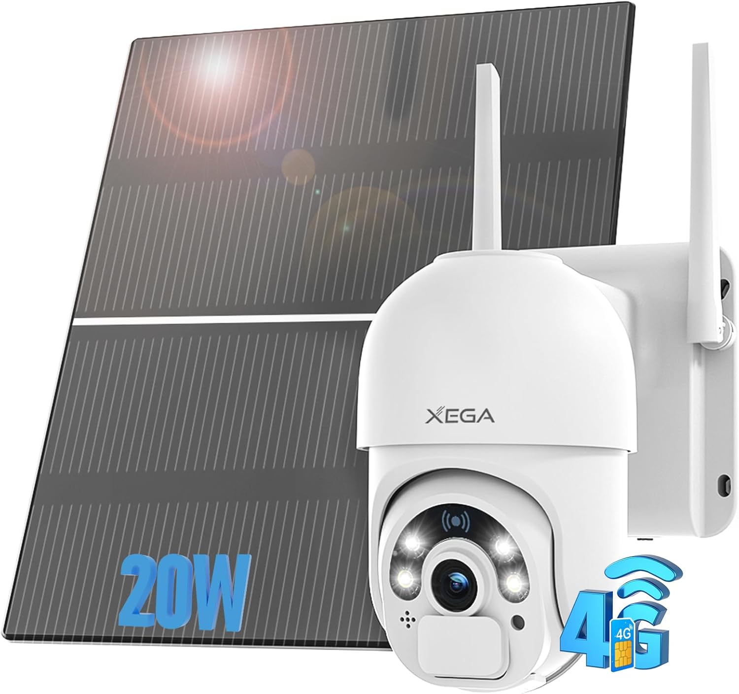 Xega 4G Solar Überwachungskamera mit 20W Solarpanel, 2K/3MP HD, 24/7 Aufnahme, ideal für Außenbereiche