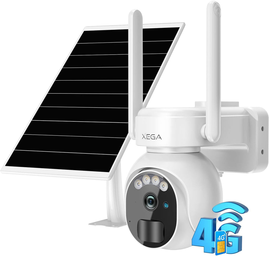 Xega 4G LTE Cámara Vigilancia Exterior con Tarjeta SIM 2K HD Cámara de Seguridad Solar Inalámbrica con Batería PTZ 355°/90° Visión Nocturna Detección De Movimiento Audio Bidireccional