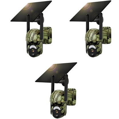 Xega 4G LTE solar wildlife camera with 2K color night vision and remote control, shown from multiple angles.