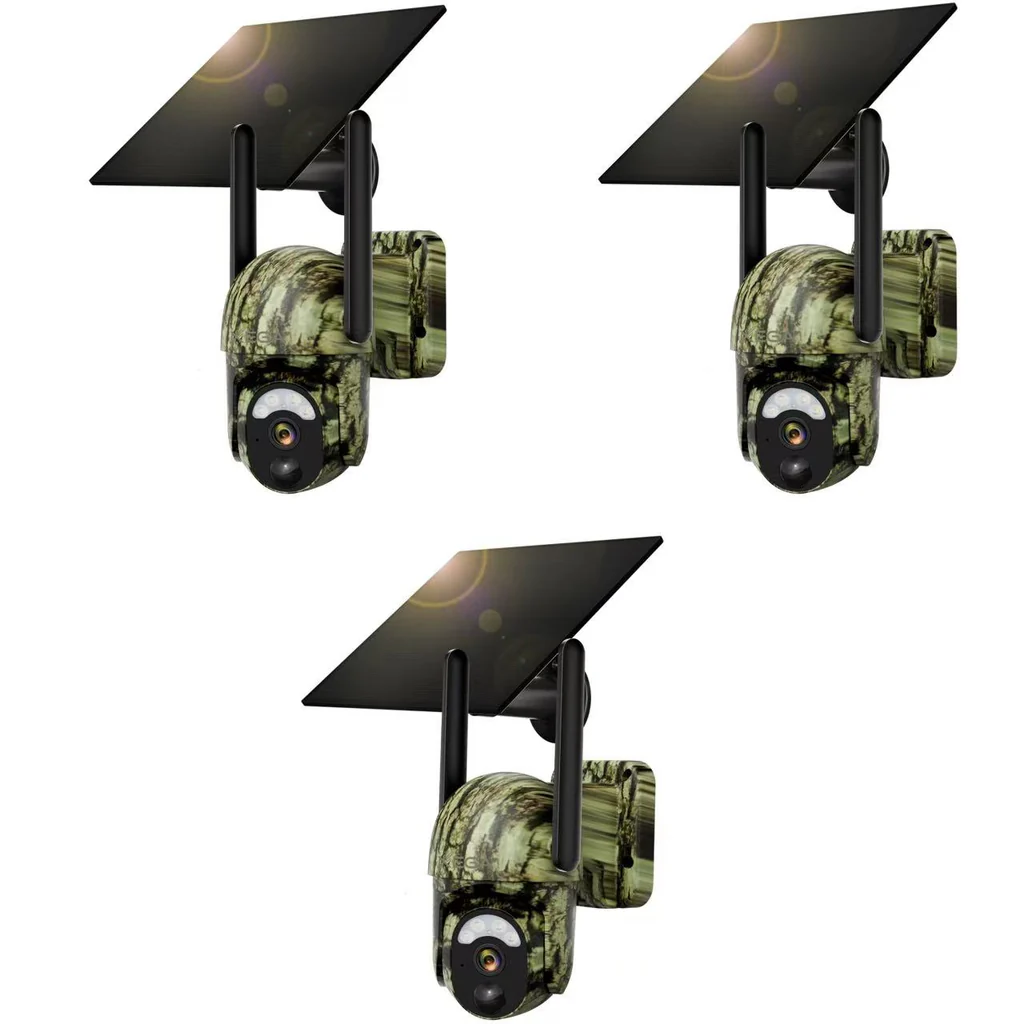 Xega 4G LTE solar wildlife camera with 2K color night vision and remote control, shown from multiple angles.